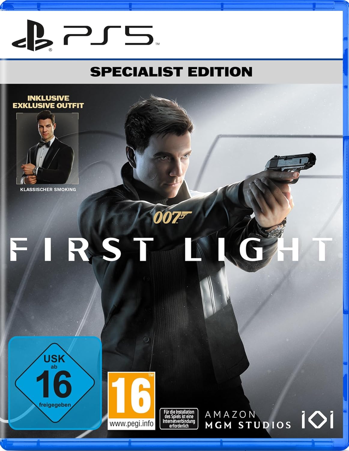 Spielcover der PS5-Specialist-Edition von "007 First Light" mit einem Mann in klassischem Smoking, der eine Pistole hält