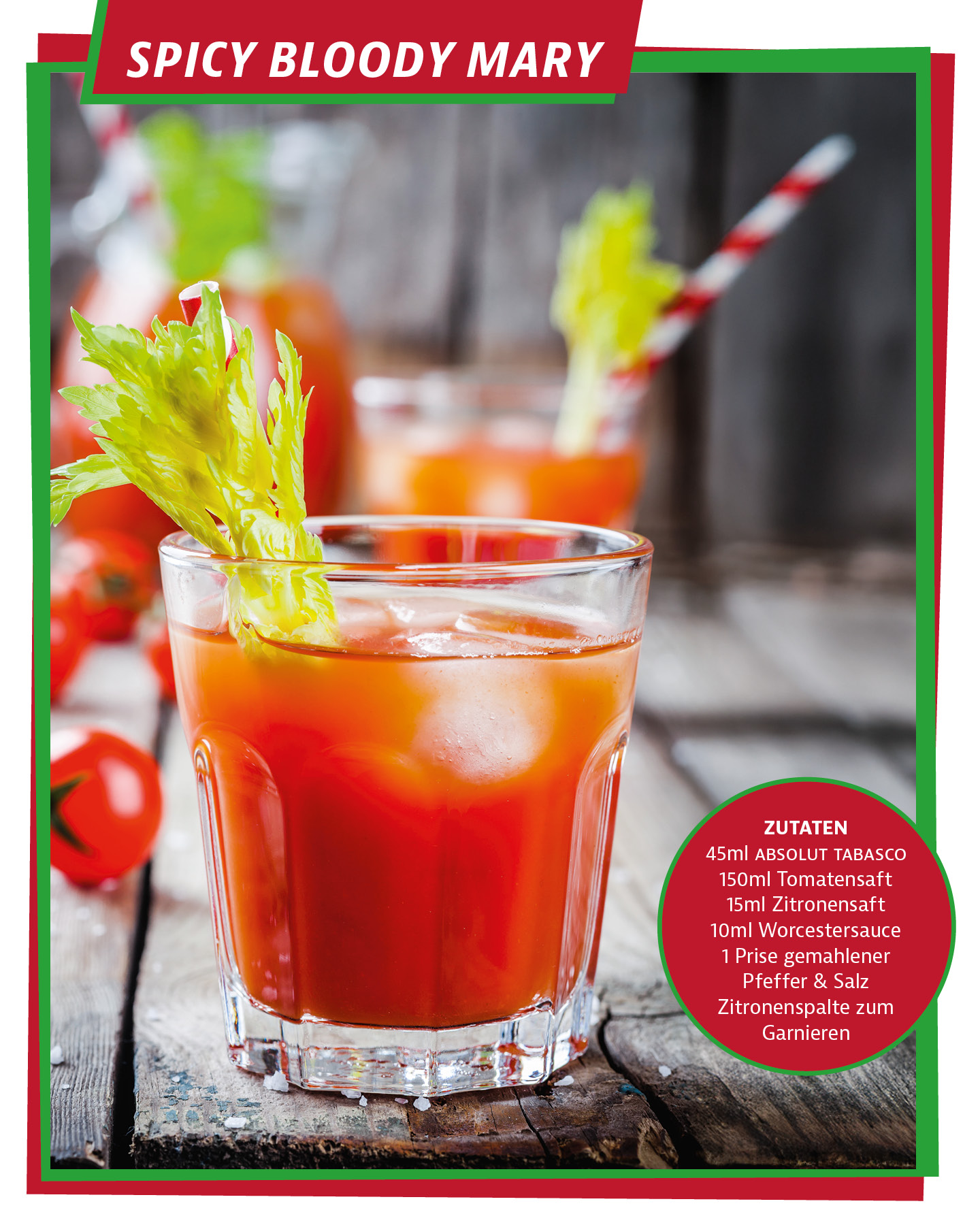 Drink SPICY BLOODY MARY Glas mit roter Flüssigkeit und Deko