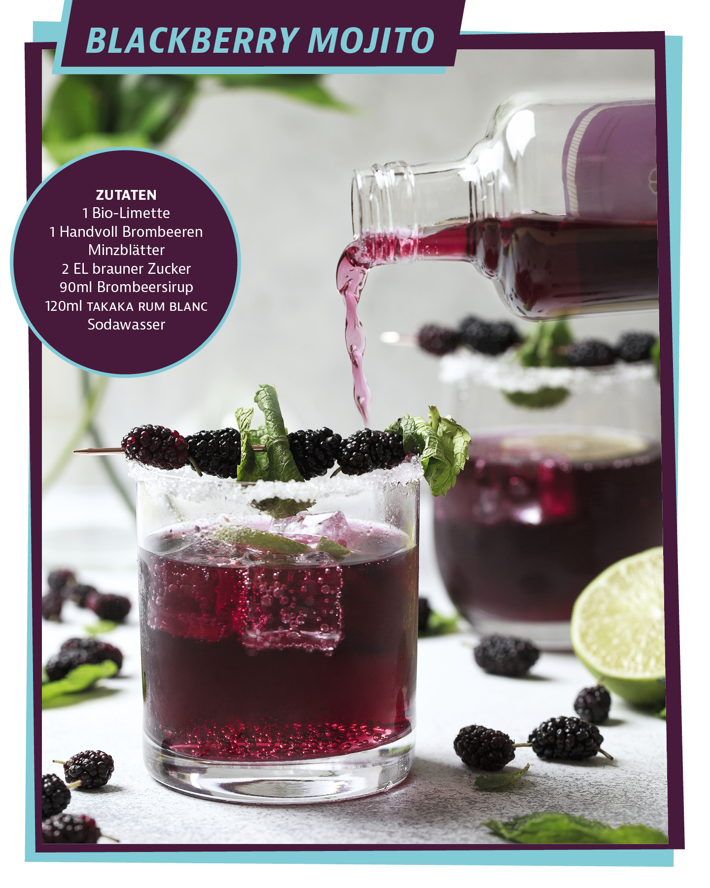BLACKBERRY MOJITO Drink. Glas. mit Inhalt rot und Brombeeren